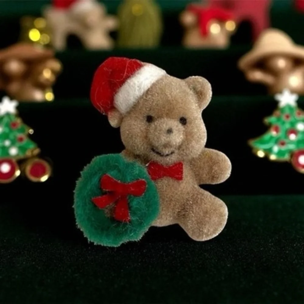 Vintage Flocked Velvet Teddy Bear Christmas Pin Holiday Collectible